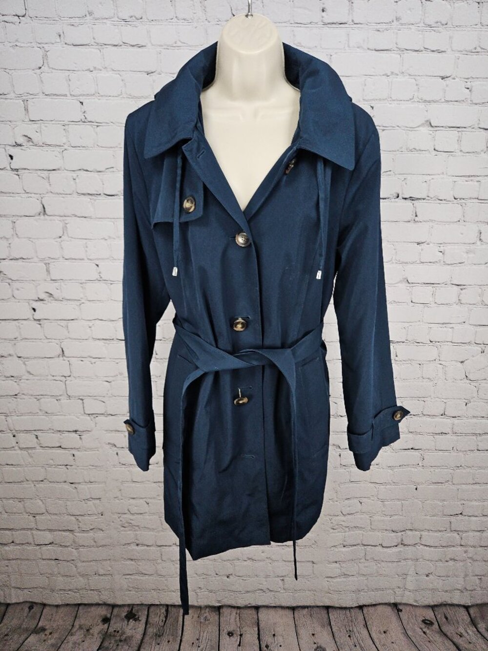 London Fog Dark Teal Hooded Belted Lined Trench Rain Coat Women's L